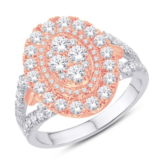 14 Karat Two-tone (White and Rose) Gold 1.25 Carat Diamonds Oval Halo Cluster Ladies Ring-0228125-WR