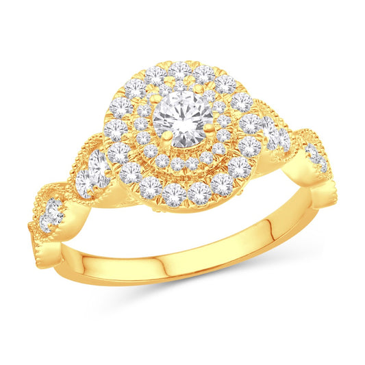 14 Karat White Gold 0.84 Carat Diamonds Round Halo Milgrain Engagement Ladies Ring-0225183-WG
